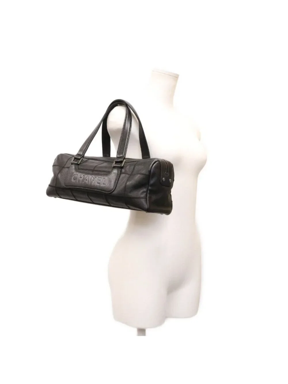 Chanel Black Caviar Choco Bar Silver Mini Boston Bag